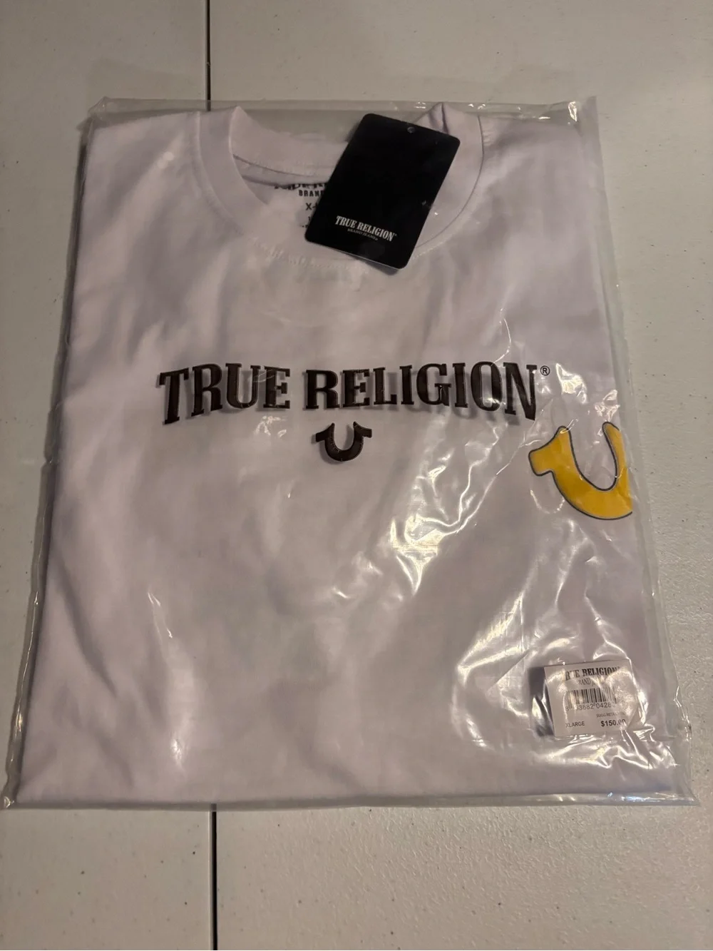 True Religion White Tee with Yellow Logo and Graphic Back